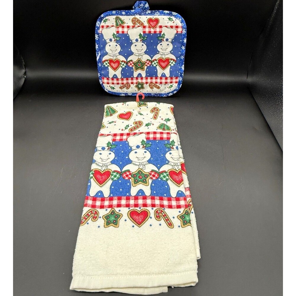 Pillsbury Doughboy Christmas Quilted Cotton Gingham Potholder Towel Set